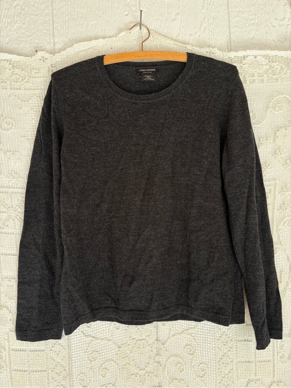 Women’s Charcoal Crewneck Wool Sweater Tiny pin hole on back